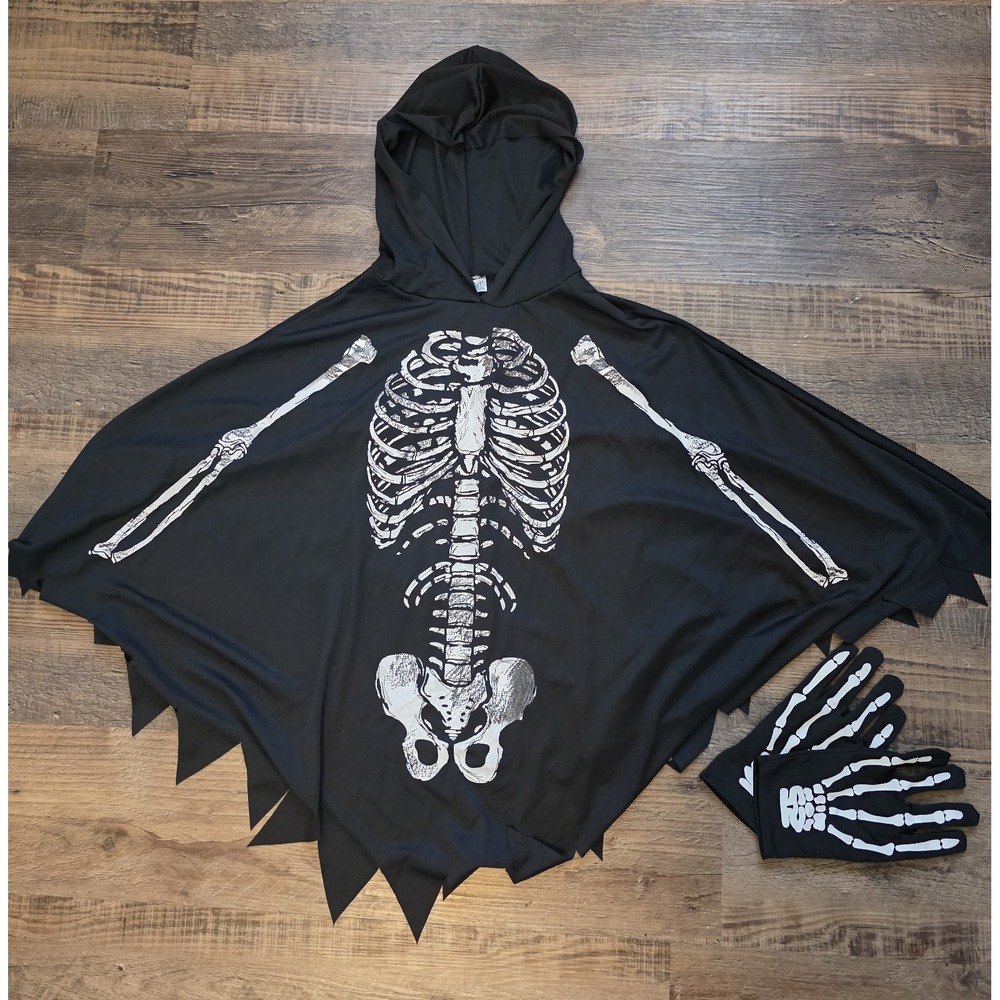 Spirit Halloween Adult Skeleton Poncho Costume Hooded Cape Gloves One Size